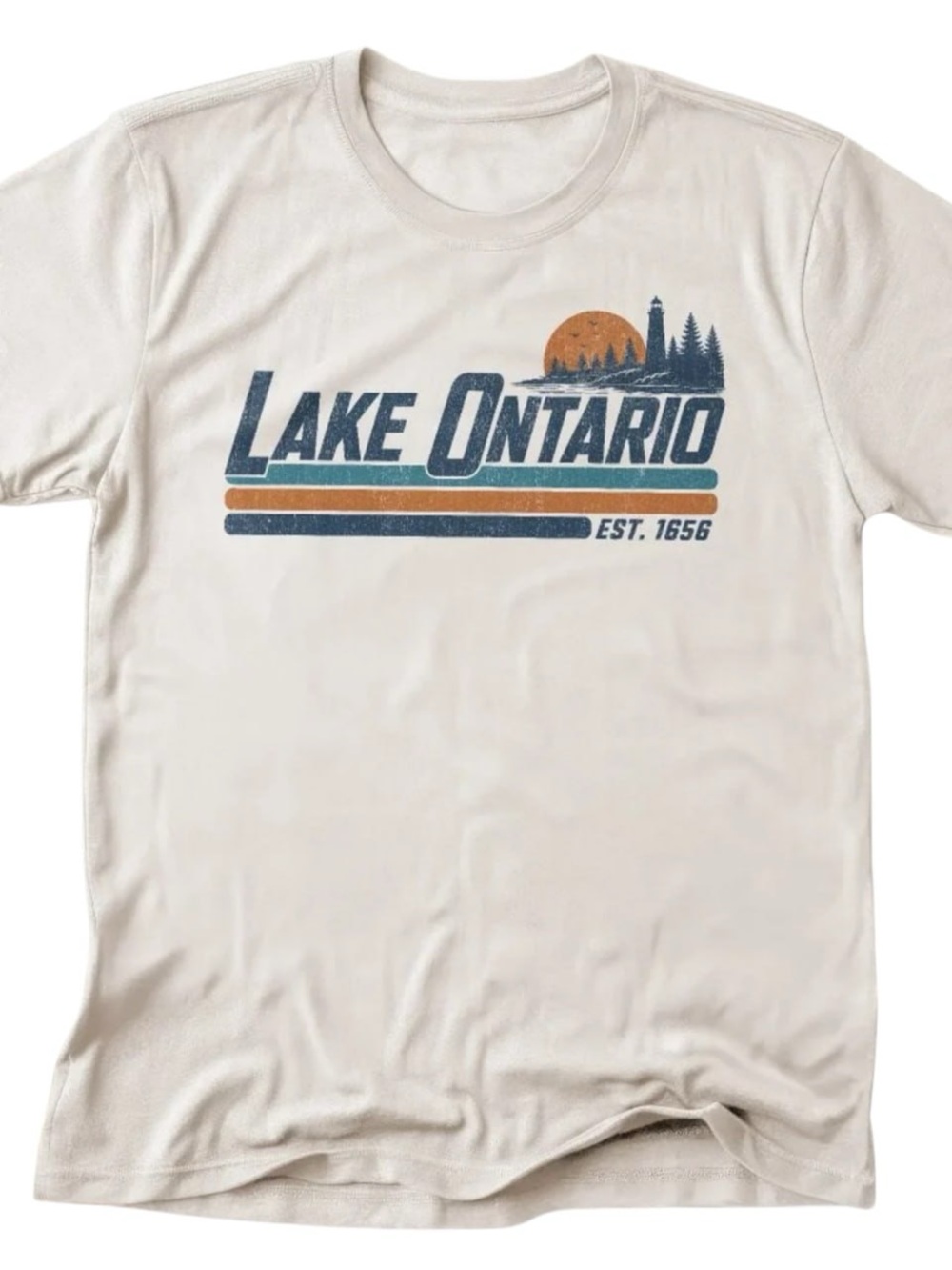 Cream Lake Ontario Graphic Tee with Navy & Orange Accents